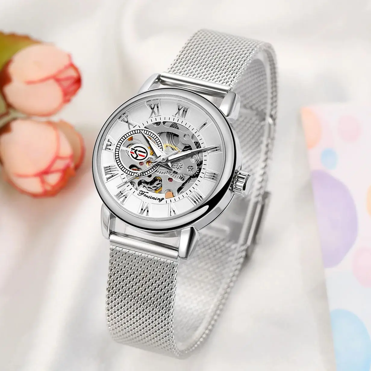 Forsining Business Ladies Watches Top Brand Luxury Fashion Skeleton Hand Winding Mechanical Watch for Women Mesh Steel Strap