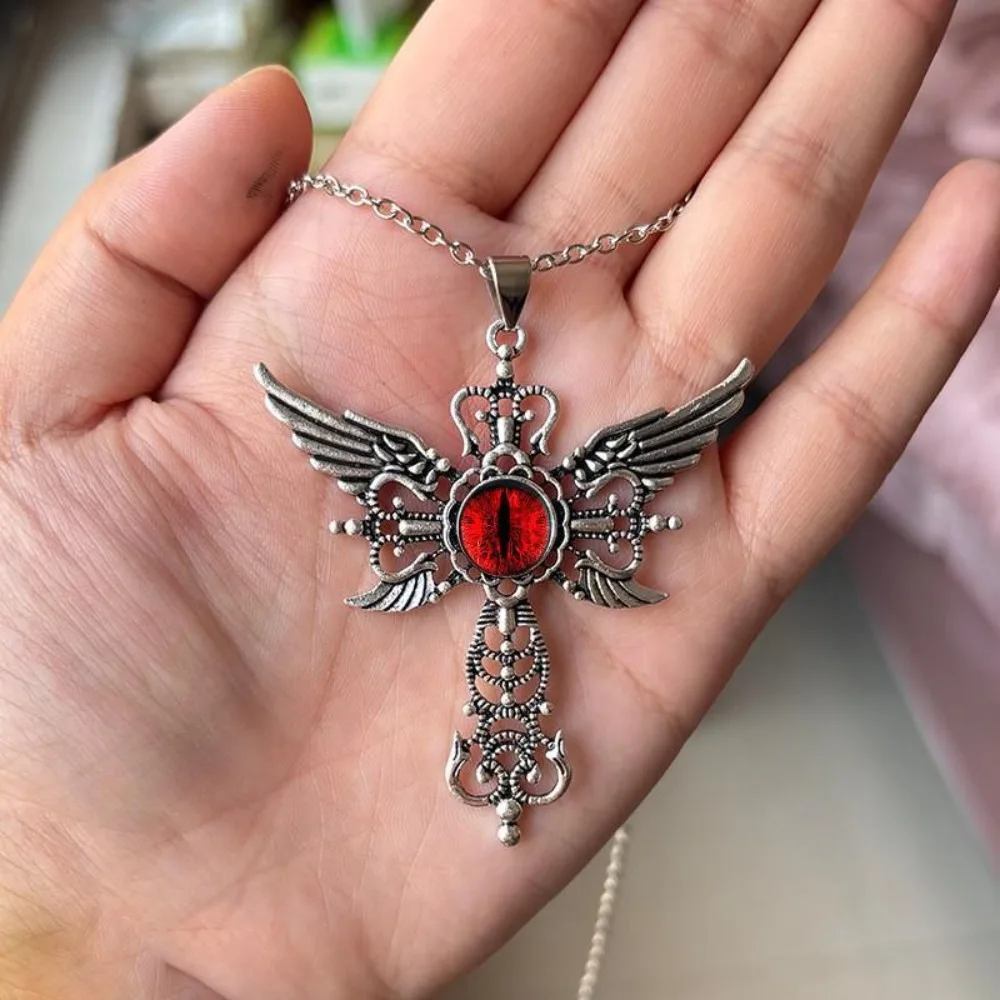 

New Gothic Creative Devil Wings Cross Red Devil's Eye Big Pendant Stainless Steel Necklace for Women Men Halloween Party Jewelry
