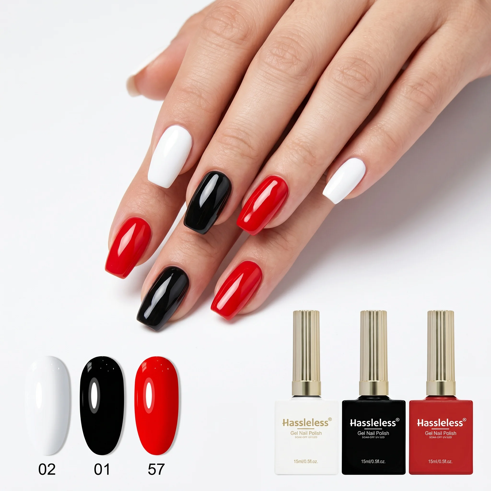 Hassleless 3-Piece Gel Nail Polish Set: Classic Red, White, and Black; Long-Lasting, LED Removable, Hypoallergenic, Alcohol-Free