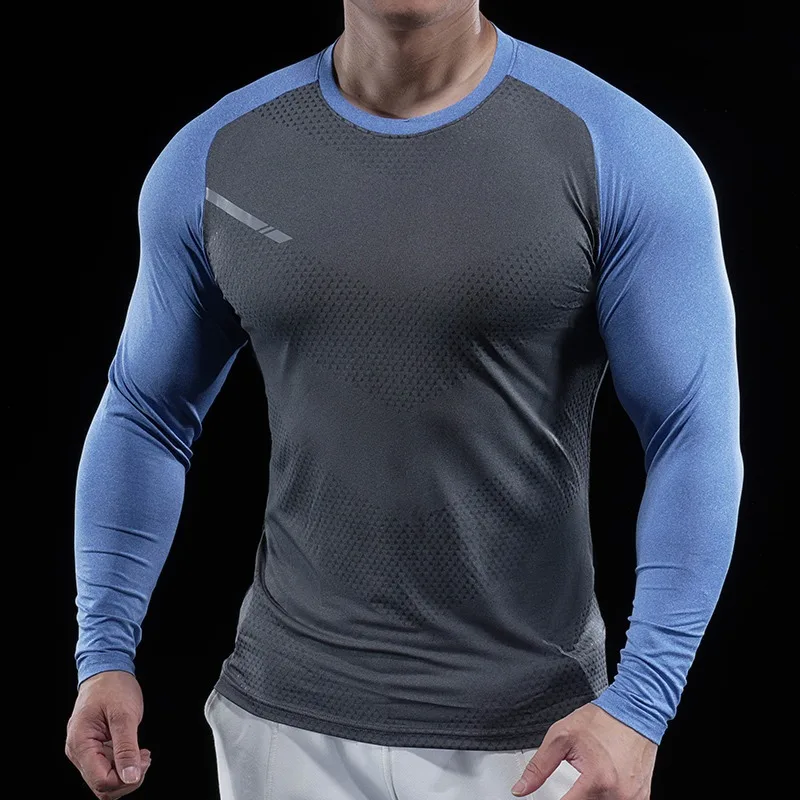 Autumn Winter Men Gym Fitness Display Long Sleeve T-Shirt Crew Neck Elastic Moisture Wicking Tights Running Training Bottom Top