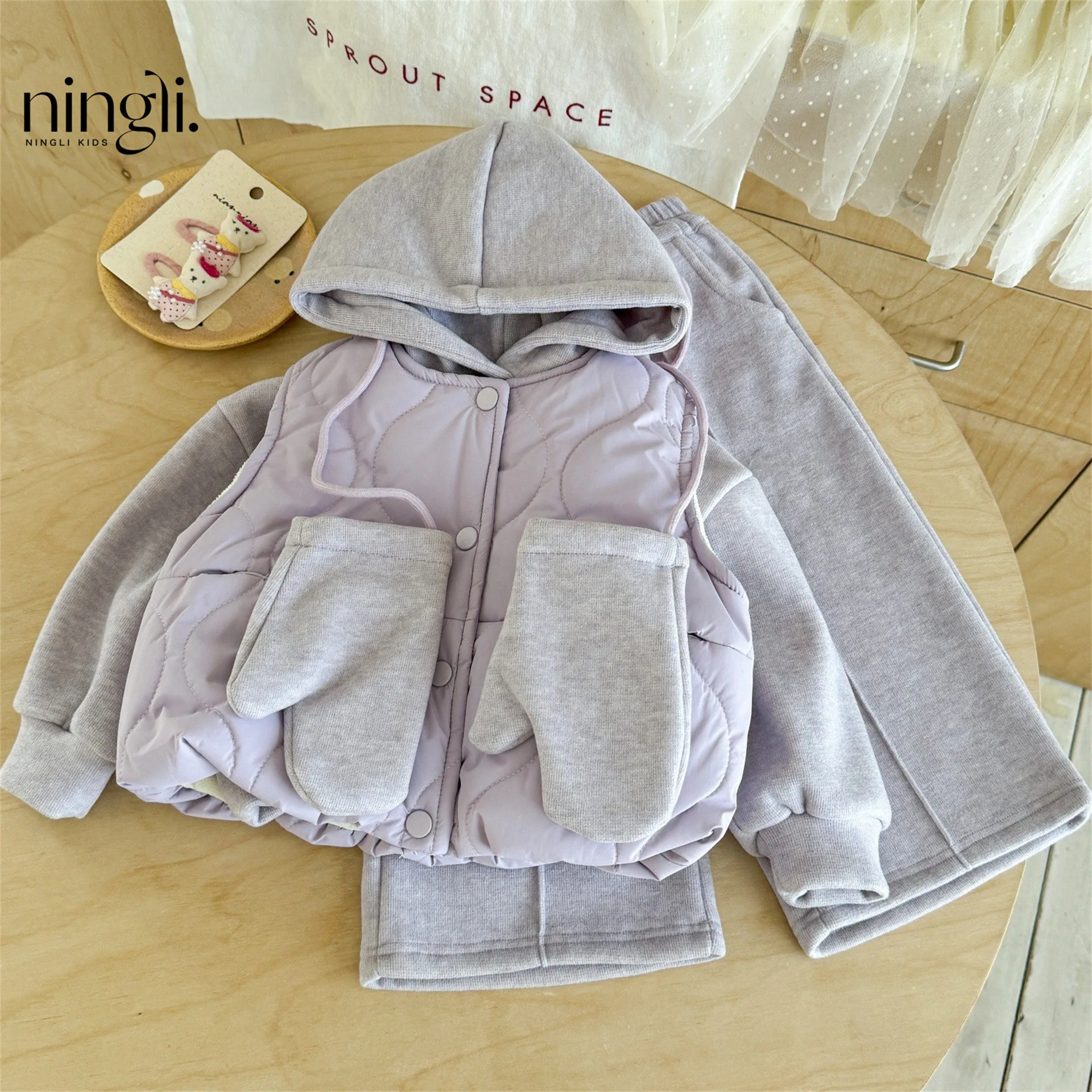 Winter Children Girl 4PCS Clothes Set Cotton Padded Kids Girl Wiastcoat Fleece Baby Girls Hoodies+straight Pant Suit With Gloves