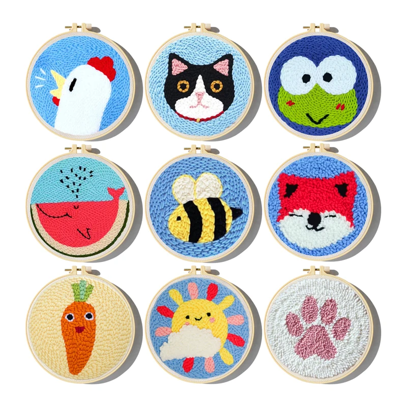 Cute Cartoon Animal Punch Needle Embroidery Kit for Beginners Soft Yarn Needlework Embroidery Set Home Decor