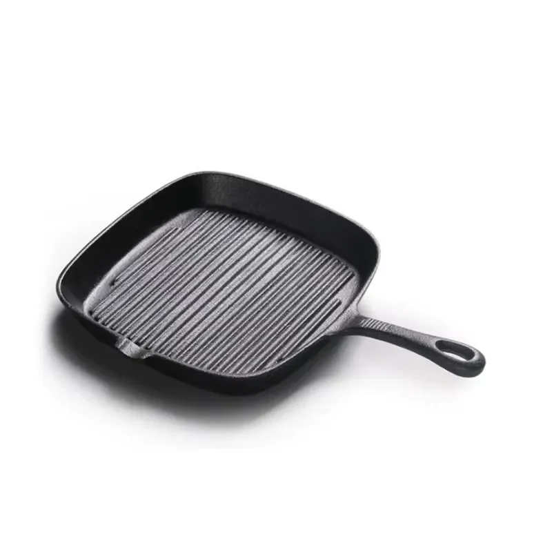 24cm Cast Iron Striped Steak Frying Pan Uncoated Thickened Square Grill Pan for Gas Induction Cooker Universal Household Use