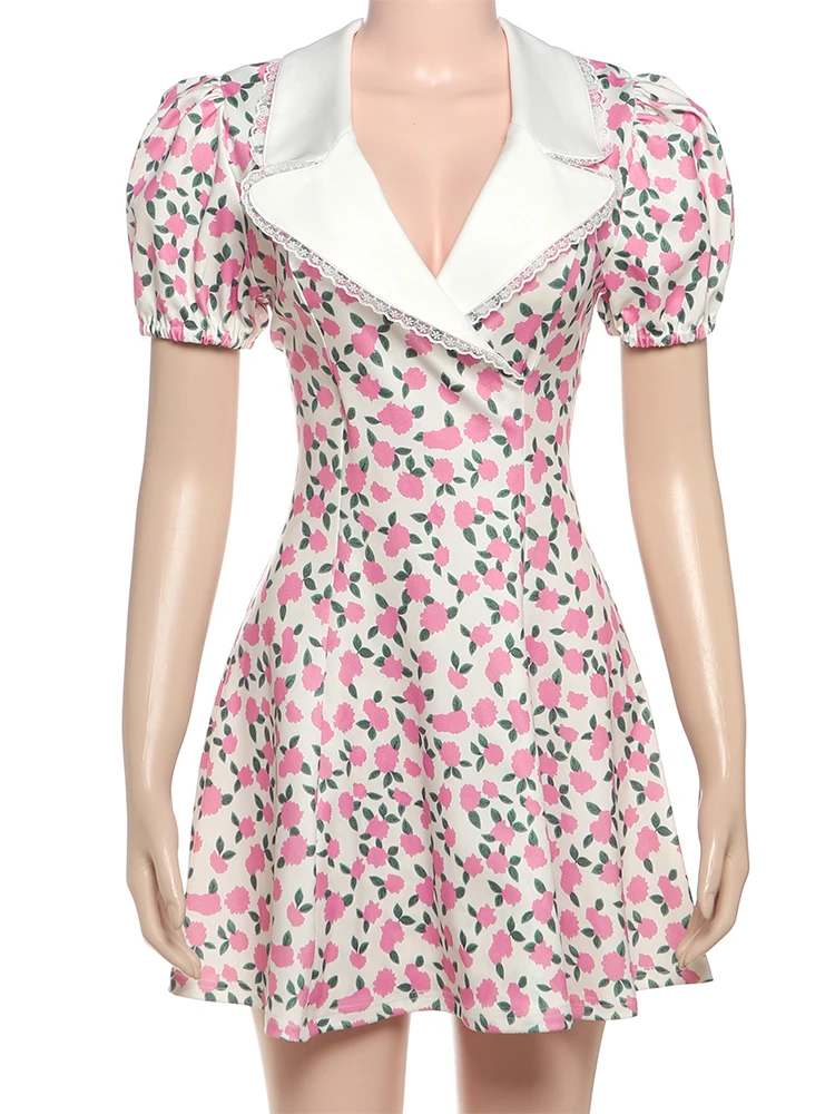 غريب سنور الأزهار طباعة فستان المرأة الدانتيل المرقعة منخفضة الرقبة الستائر نفخة الأكمام مزاجه أنيقة الحلو نمط موضة Bodycon