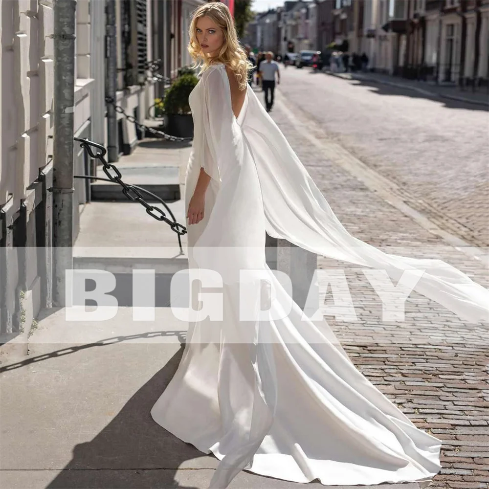 Elegant Mermaid Wedding Dress Women Lace O-Neck Long Sleeve Open Back Satin Applique Bridal Gowns Sweep Train Vestidos De Noiva