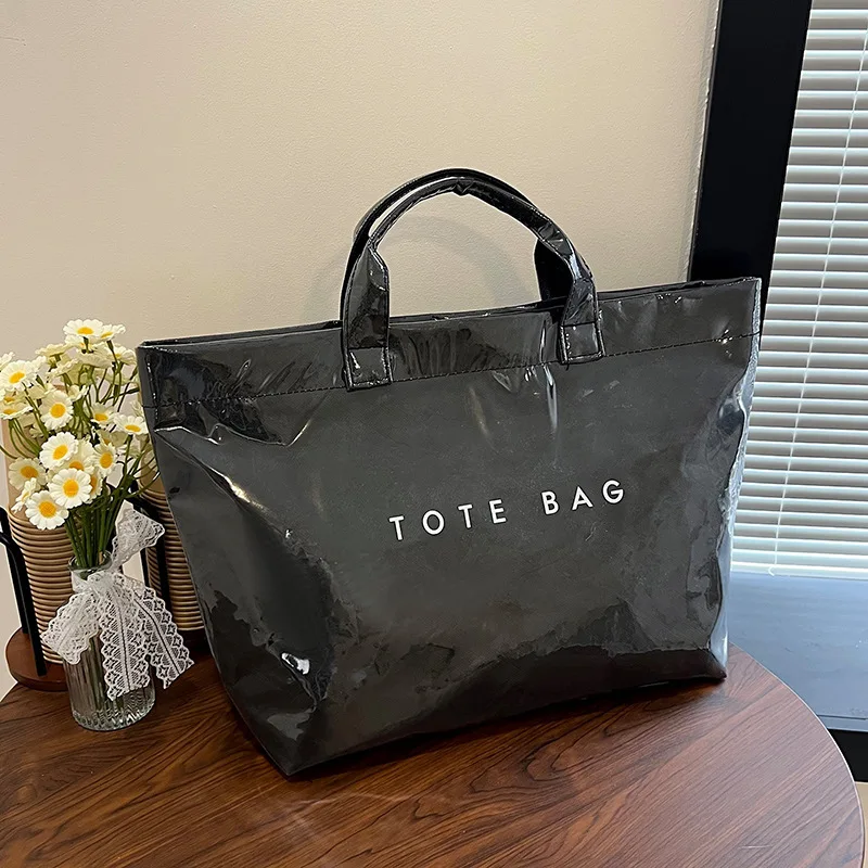 Women's Glossy PVC Tyvek Tote Bag Large Capacity Waterproof Handbag with Polyester Lining, Casual Handheld Shopper Bag for Work image 4