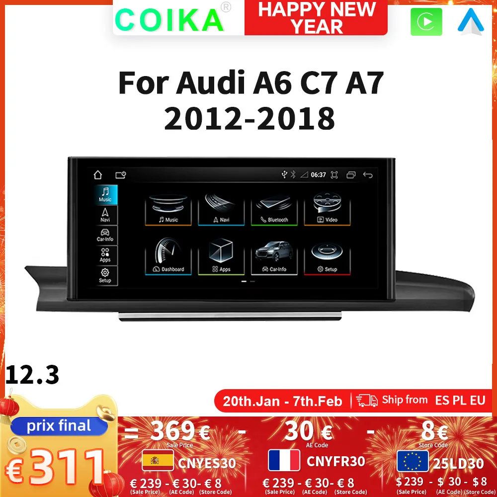 Wireless CarPlay Android Auto For Audi A6 C7 A7 2012-2018 Car Radio DSP HD 1920*720 Multimedia BT Display Screen Navi GPS Player