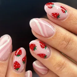 24pcs Short Glossy Oval Fake Nails Cute Sweet Strawberry Fake Nail Patch Wearable Full Cover for Girl Press on Nail Tips
