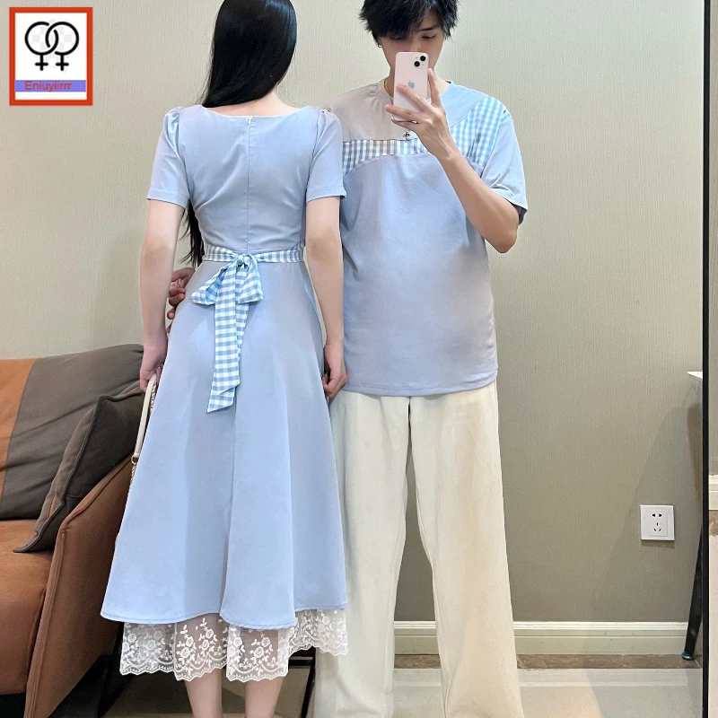 Matching Couple Clothes Outfits Male Female Lovers Holiday Valentine's Date Honeymoon Retro Vintage Cotton Plaid T-Shirt Dress