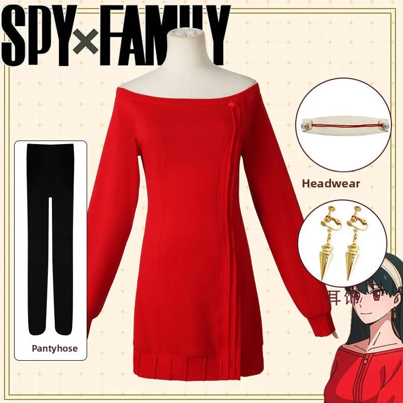 Костюм для косплея Yor Forger из аниме Spy X Family: красное платье-свитер, повседневная одежда, черный парик с косами, костюм на Хэллоуин для женщин