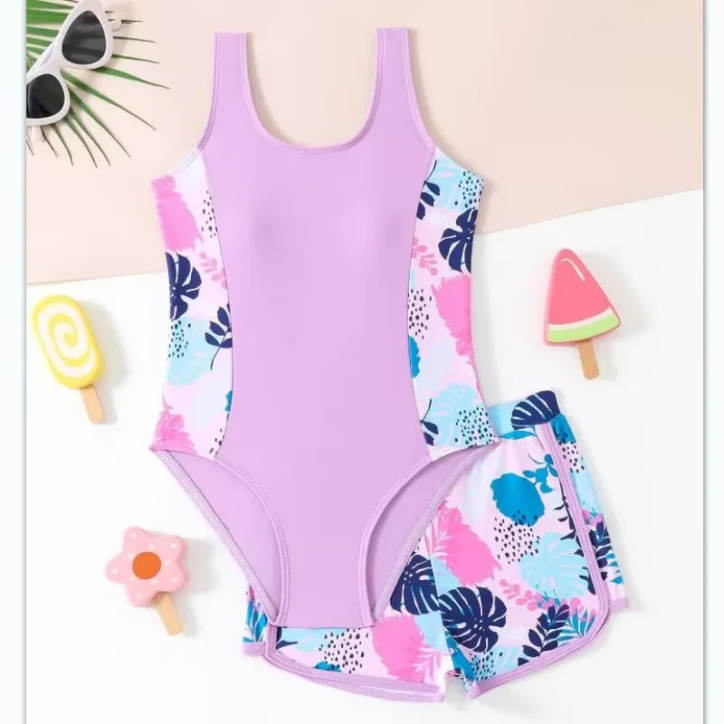 

Girls One Piece Swimsuit 6-12 Year Kids Swim Suit Teenage Children's Swimwear 2025 Purple Bathing Suits with Shorts Bodysuit