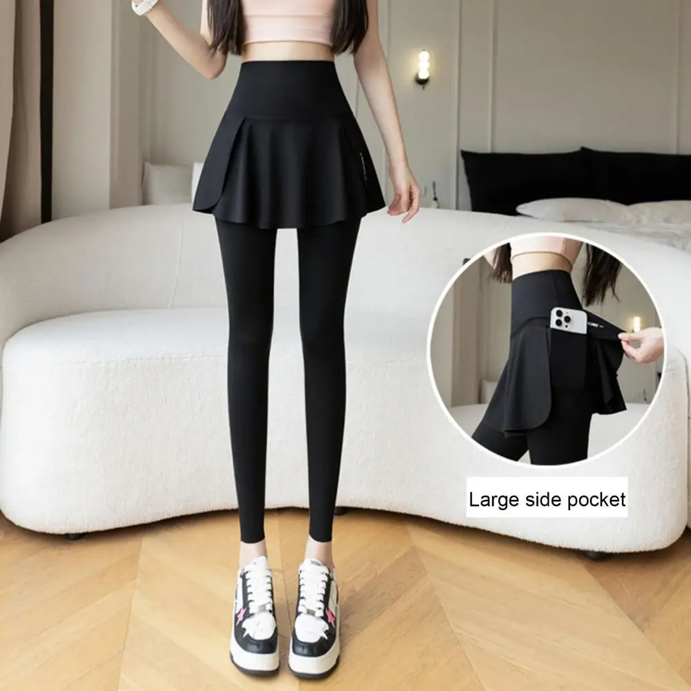 Women Yoga Pants Fake Tow-piece Skirt Patchwork Skinny Compression High Waist Phone Pocket Butt-lifted Anti-exposure Seamless Sp