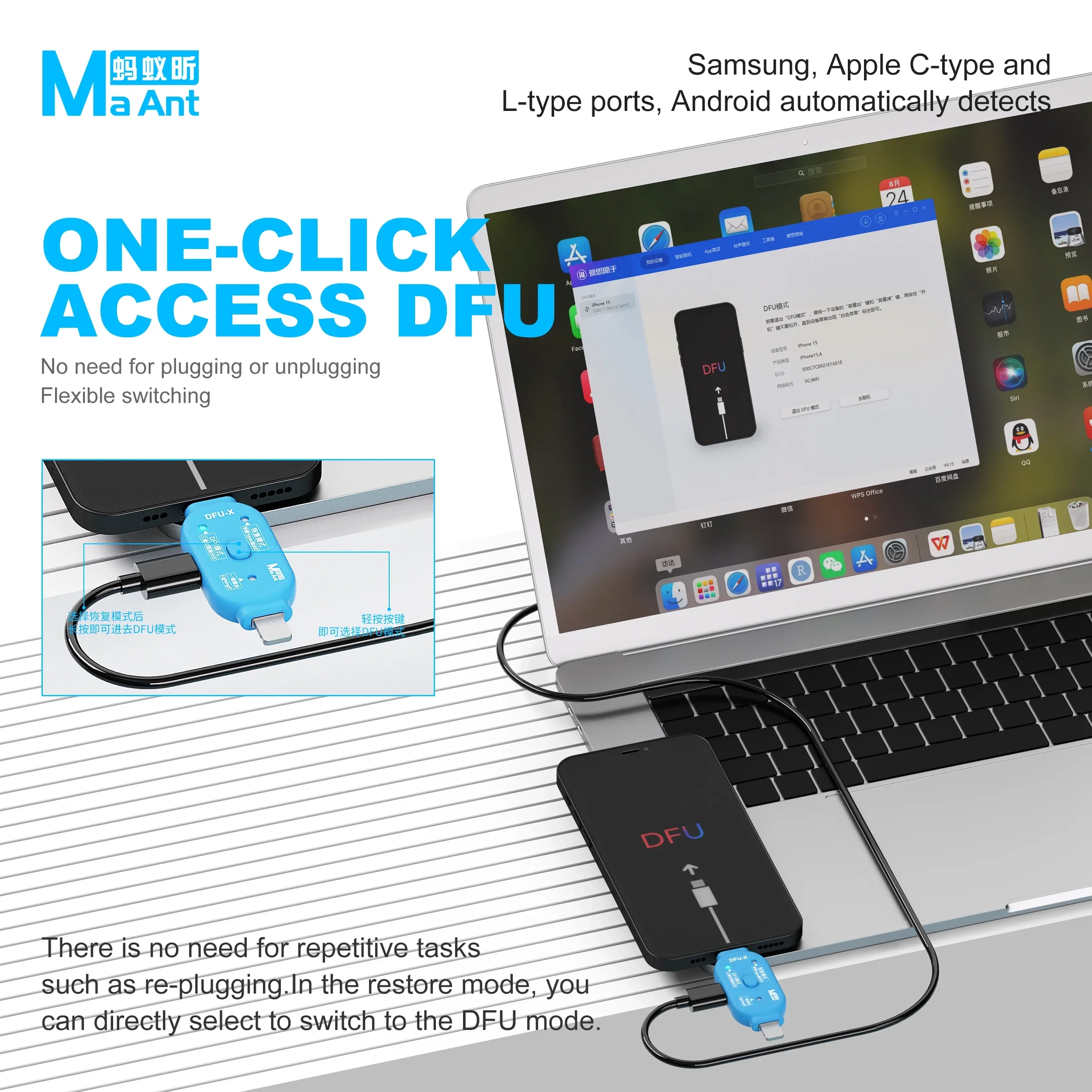 MaAnt DFU-X Flashing-Gerät mit Doppelkopf, Ein-Klick-Eintritt in DFU, Recovery-Bootloader-Modus, Kein Wiedereinschalten für iPhone Samsung Reparaturwerkzeuge – Detail 10