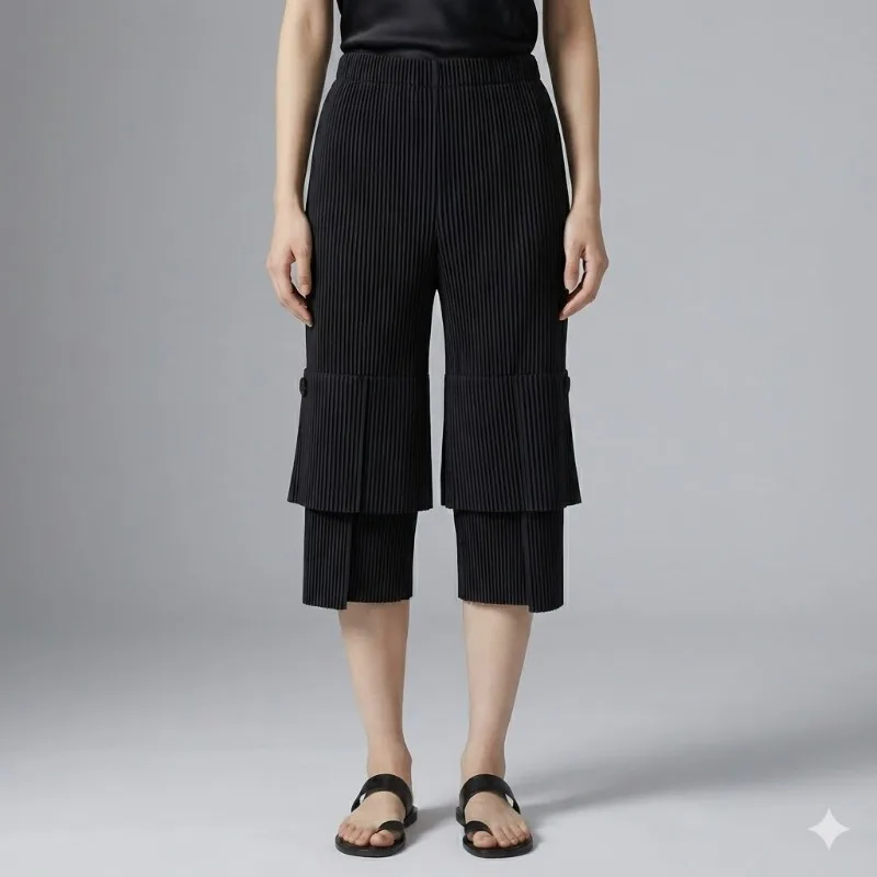 

Плиссированные брюки Miyake 2026, дизайнерские брюки с карманами, весенние нишевые брюки с эластичной резинкой на талии и складками, прямые брюки Female Tide