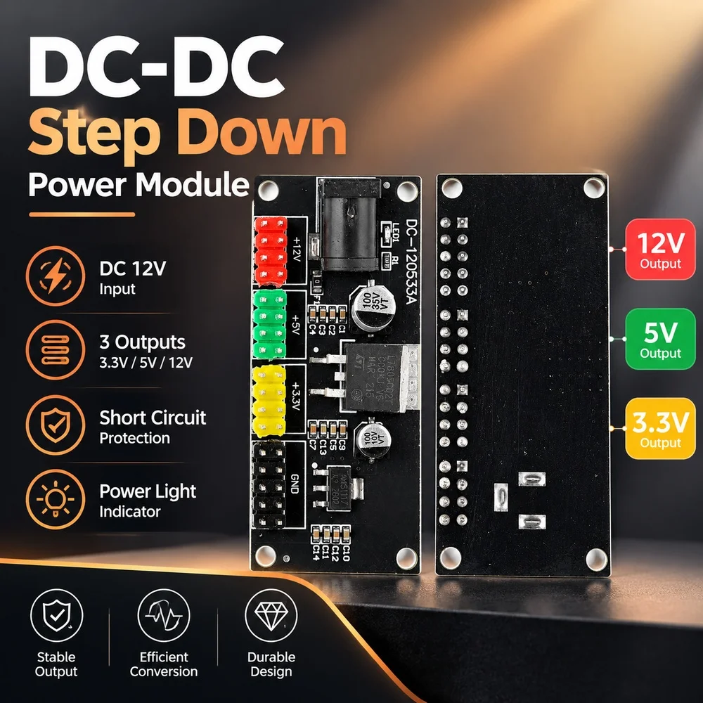 DC-DC Step Down Power Module DC 12V to DC 3.3V 5V 12V Triple Output with Short Circuit Protection Power Light Power Converter
