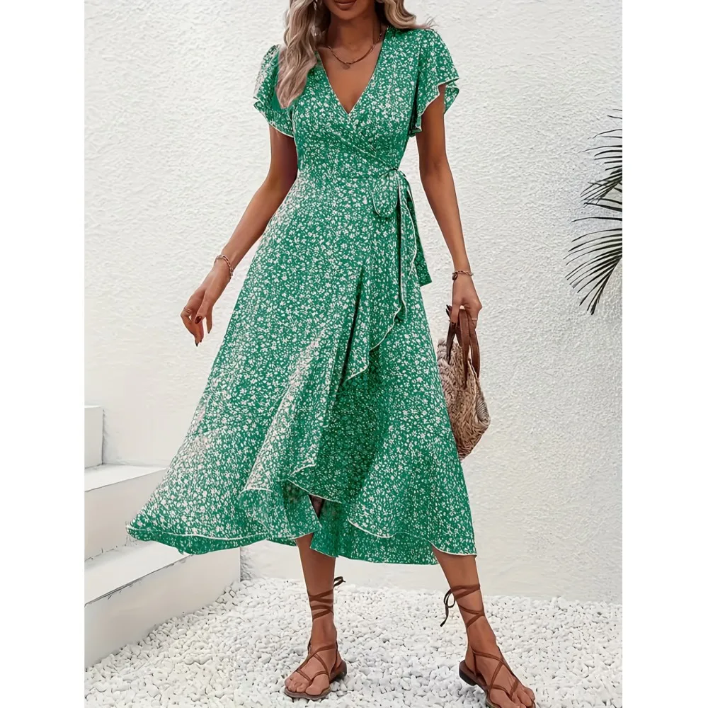 Women's Flower Flowy Split Midi Dress Summer Fashion V Neck Short Sleeve Irregular Dresses Boho Beach Holiday Sundress Robe
