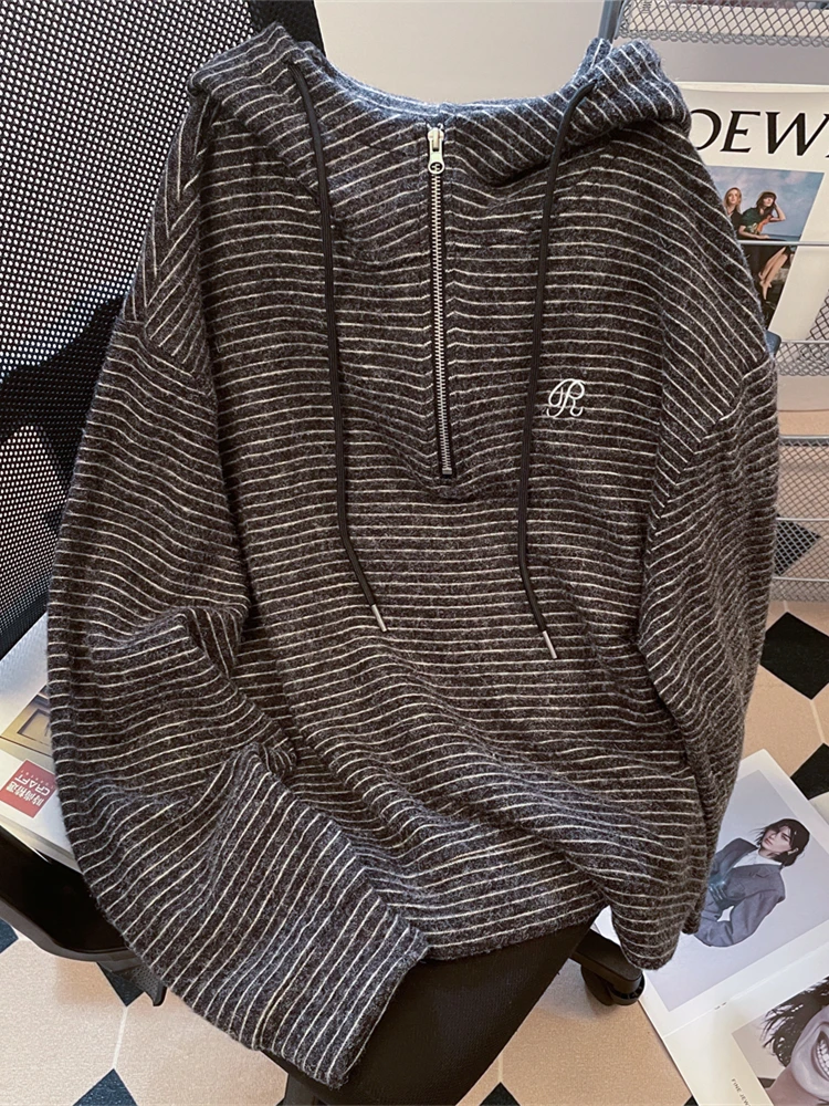 

Корейский свитшот из кроличьего меха с вышивкой и молнией, в полоску, женский, осенне-зимний, маленький размер, с длинными рукавами, на подкладке