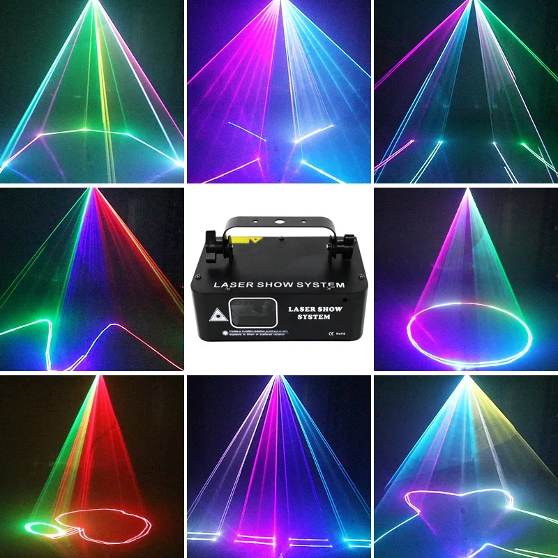 Lâmpada laser colorida de uma cabeça, projetor de animação dmx, luzes de feixe de festa, controle de voz, luz lazer para dança de boate