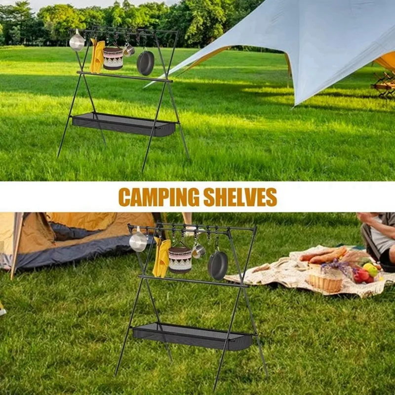 Three-Bar Frame Camping Rack Folding Ultra-Light Camping Tripod Travel Sundries Hanger 50X68x88cm