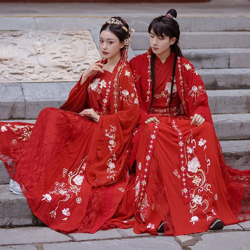 Chinese Hanfu Dress Women&Men Cos Costume Party Outfit Ancient Chinese Bridal&Bridegroom Embroidery Red Wedding Dress Plus Size