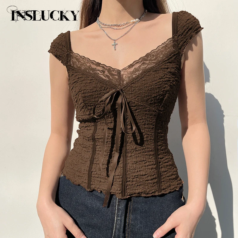 

InsLucky Vintage Knitting Lace Splicing Bow Tie Vest Top Women Spring New Slim Fit Casual Solid Short-Sleeve T Shirt Crop Tops