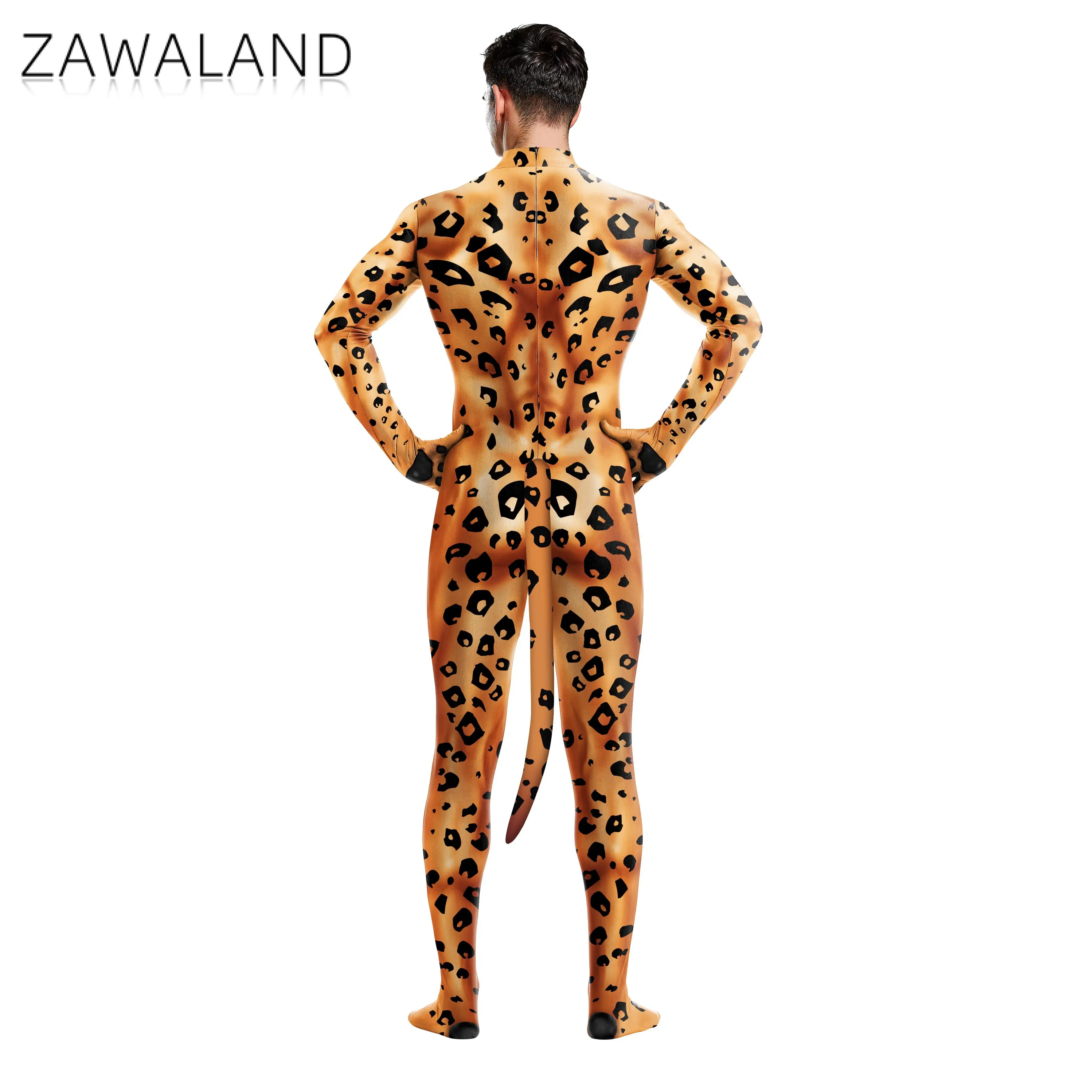 Zawaland Adult Cosplay Leopard 3D Printed Long Sleeve Tight Zentai Suit with Tail Sexy Slim Costume Spandex Bodysuit Muscle Suit