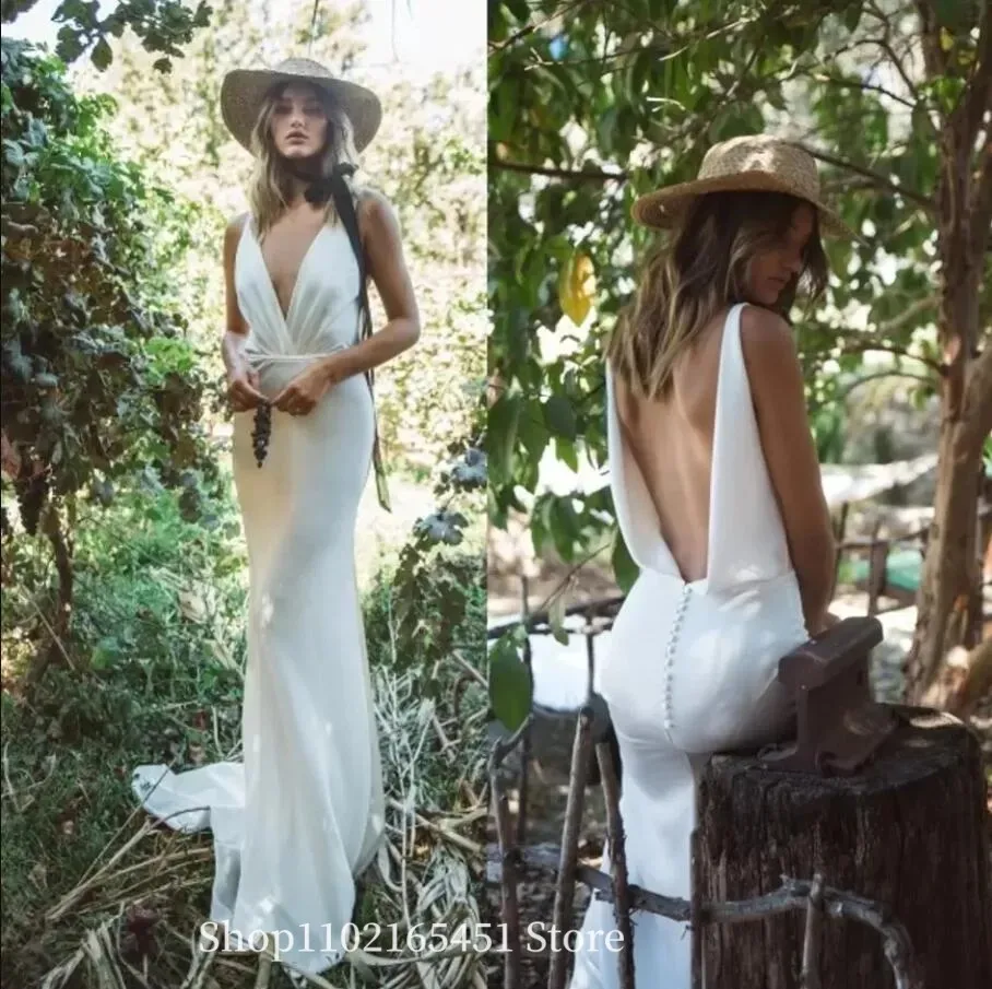 Simple Crepe ชุดเดรสเมอร์เมดแขนกุดชายหาด Bohemian Backless ชุดเจ้าสาว PLUS ขนาด Vestido De Novia ที่กําหนดเอง