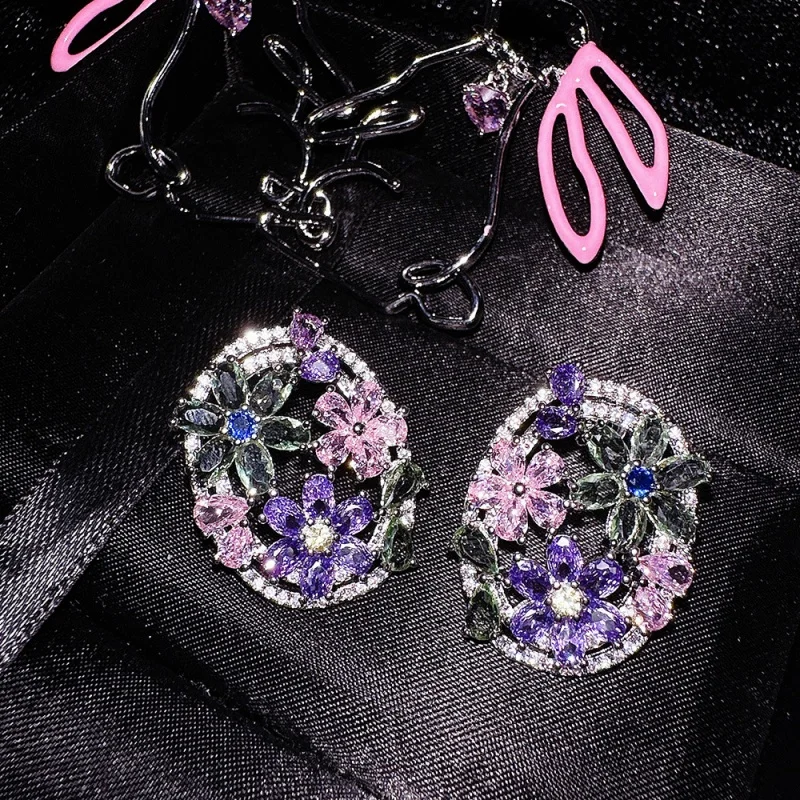 S925 silver needle niche design sensor earrings Purple flowers Dong Gate's new flower earrings flowers like brocade earrings