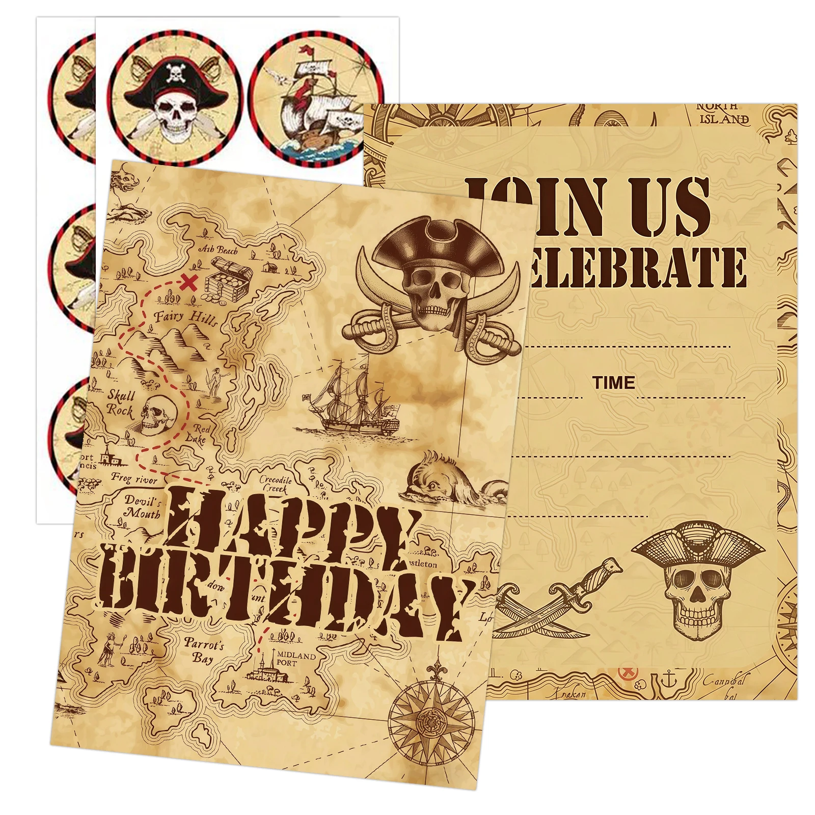 12 Sets Einladungskarten im Retro-Kartenstil mit Piratenschatz-Karten-Design, Retro-Piratenschädel- und Schiffsdesign, inklusive Piraten-Aufklebern.