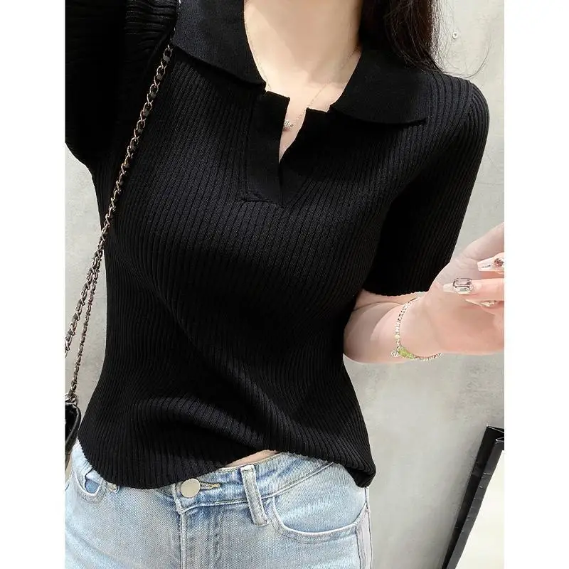 2024 Korean Version Simple Solid Color Knitted Sweater Short Sleeve Summer Slim Lapel Versatile Short Top