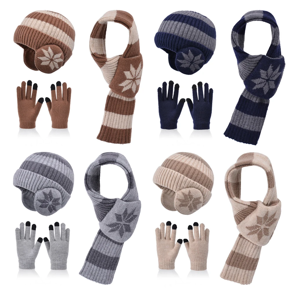 

3Pcs Children Winter Hat Scarf Gloves Set Plush Lining Kids Knitted Hat with Earflap Child Bonnet Beanie Neck Warmer Suit 4-10Y