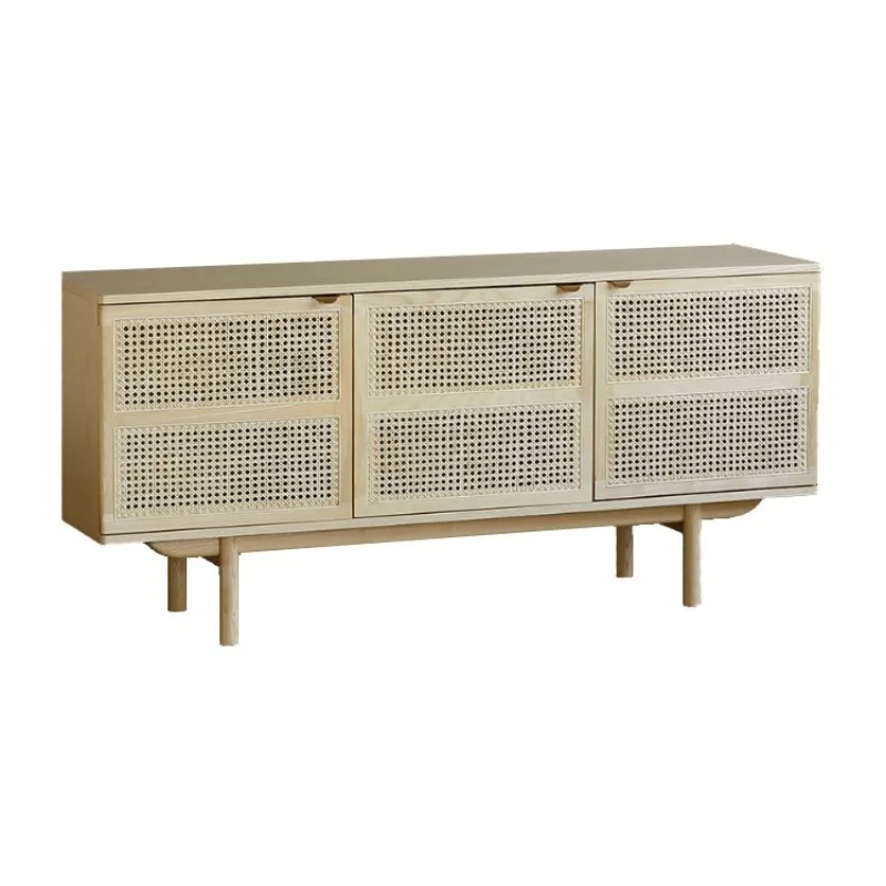 

Nordic solid wood dining side cabinet wabi-sabi wind medieval household living room small apartment rattan storage cabinet