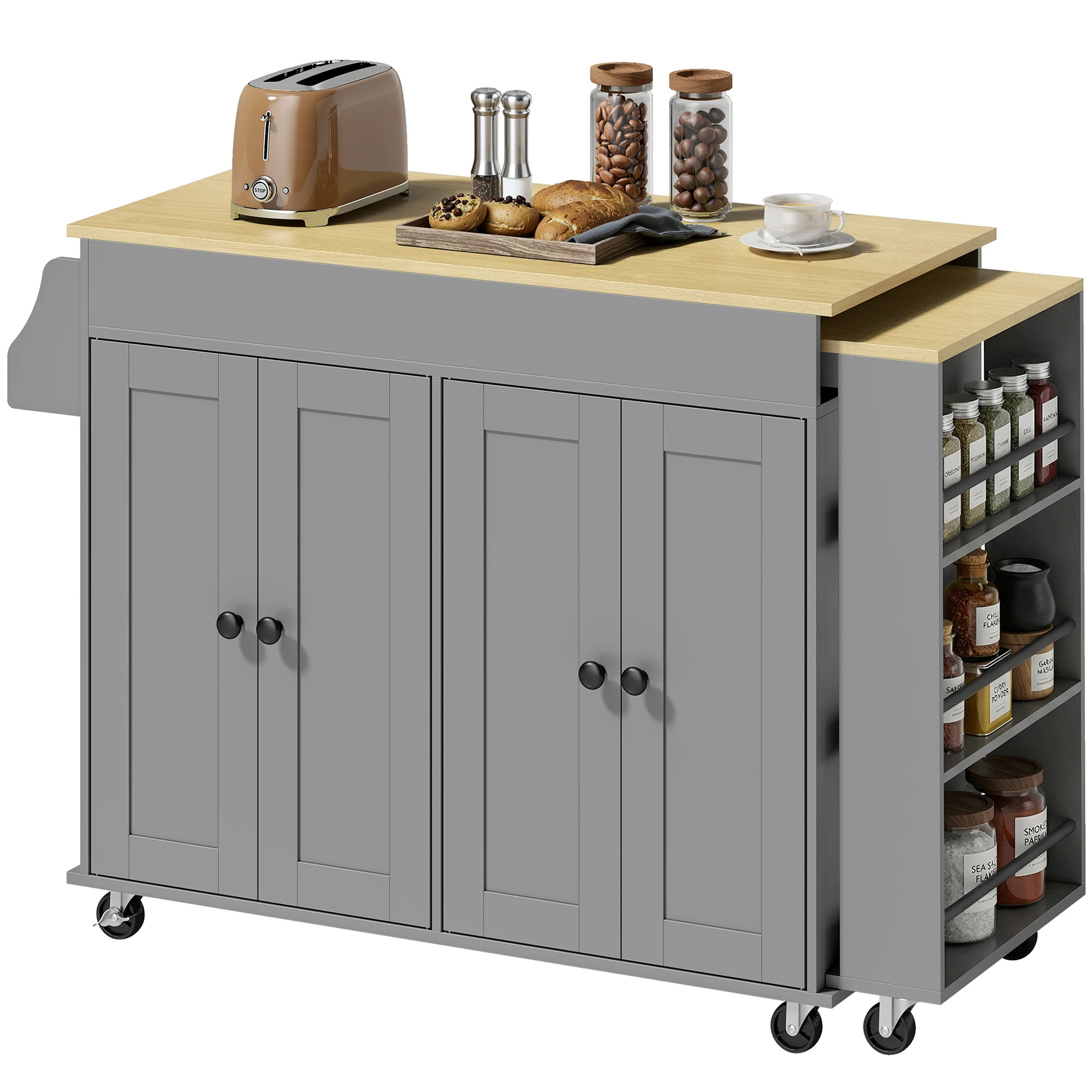HOMCOM Isla de Cocina con Ruedas Encimera Extensible 2 Armarios Estantes Gris