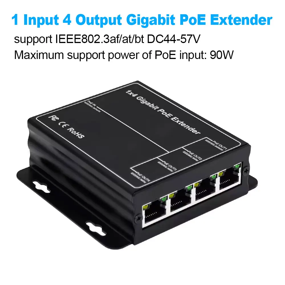 Extensor POE Gigabit de 4 puertos, repetidor PoE de 100/1000Mbps, 90W, 1in, 4 Out, Red de Riel DIN, VLAN para cámara POE de 48V, sin cables, AP CCTV