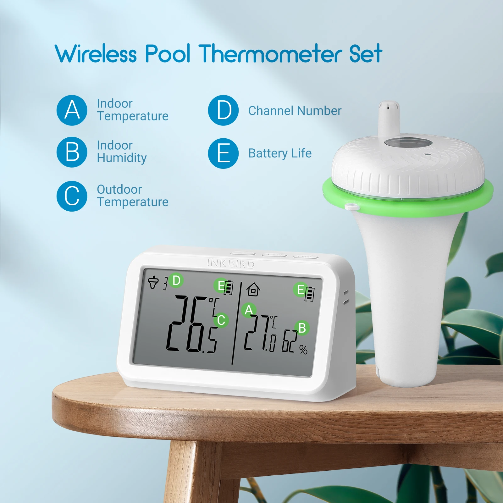 INKBIRD IBS-P02R Wireless Floating Pool Thermometer Set with Indoor Temperature Humidity Monitor, 3 Channels IPX7 Waterproof