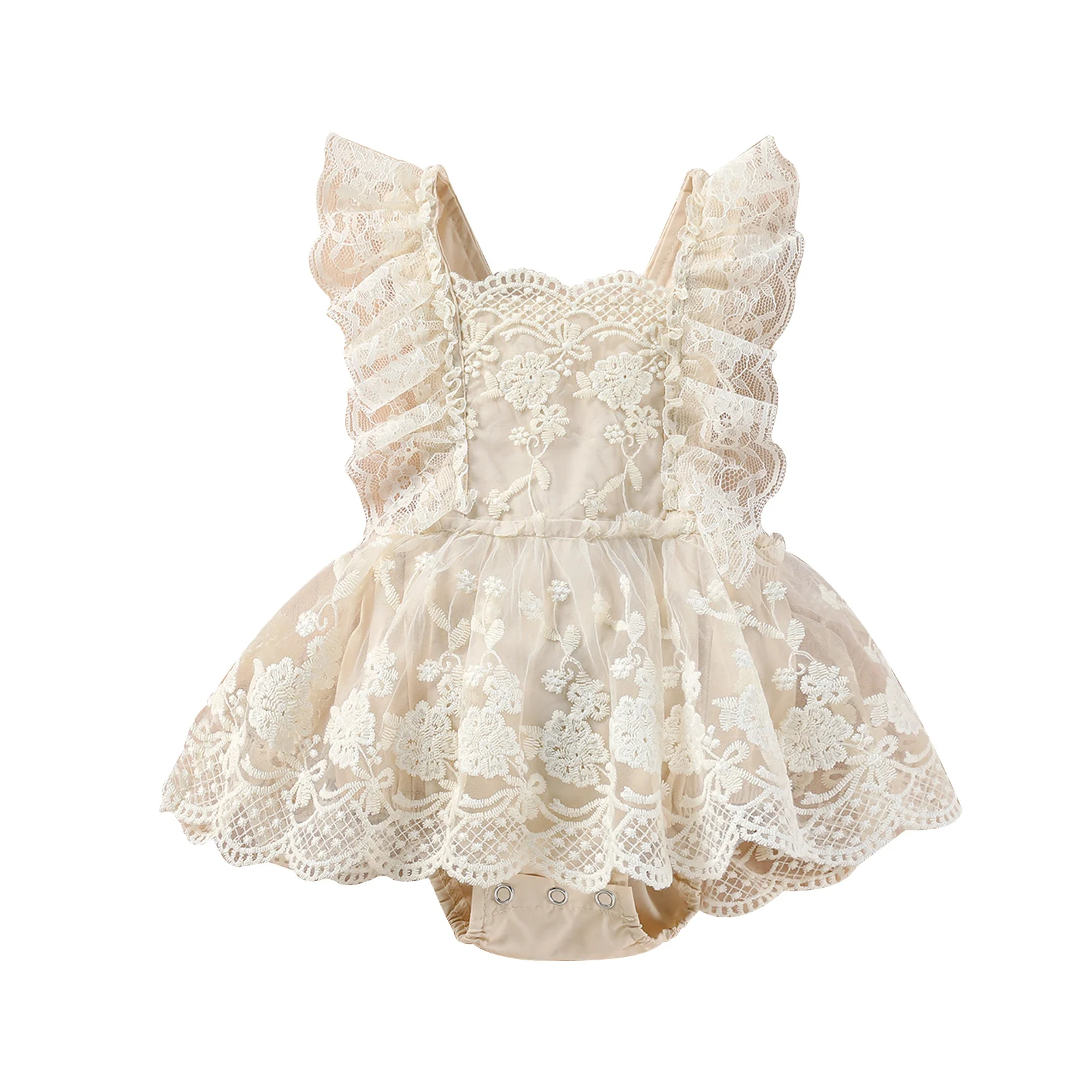 Infant Baby Girls Summer Romper, Plain Floral Lace Embroidery Skirt Layered Adjustable Straps Snap Triangle-Bottom Jumpsuit