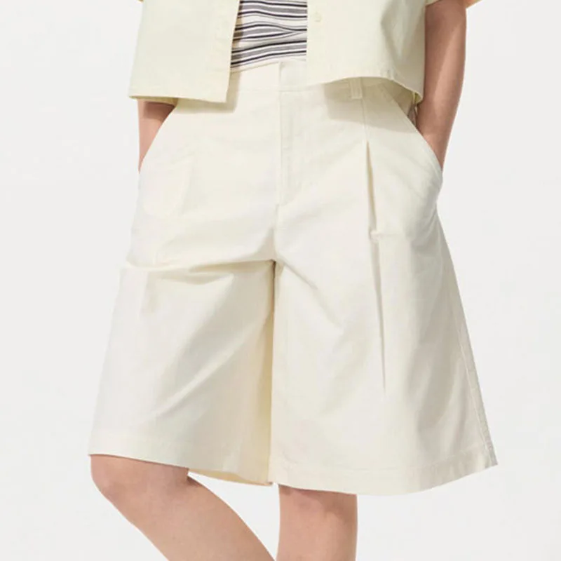 Women Casual Shorts Pleated Design Pockets Straight Loose Fit Solid Color Simple Daily Commuting Versatile Mid Length Shorts