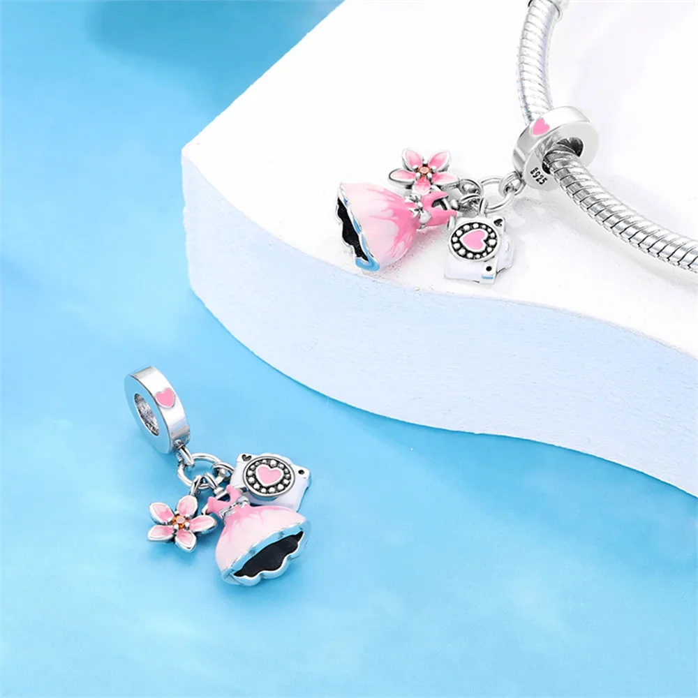Dijes Plata 925 originales serie costera vino tinto rosa vestido cuentas para pulsera de plata 925 cuentas fabricación de joyas regalo de mujer
