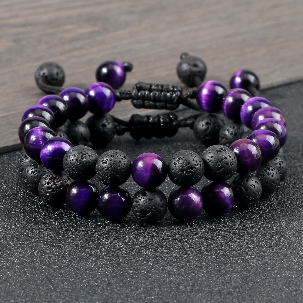 High Quality Purple Tiger Eye Lava Beads Bracelet Women Natural Stone Healing Buddha Adjustable Bangles Jewelry Gift for Friend