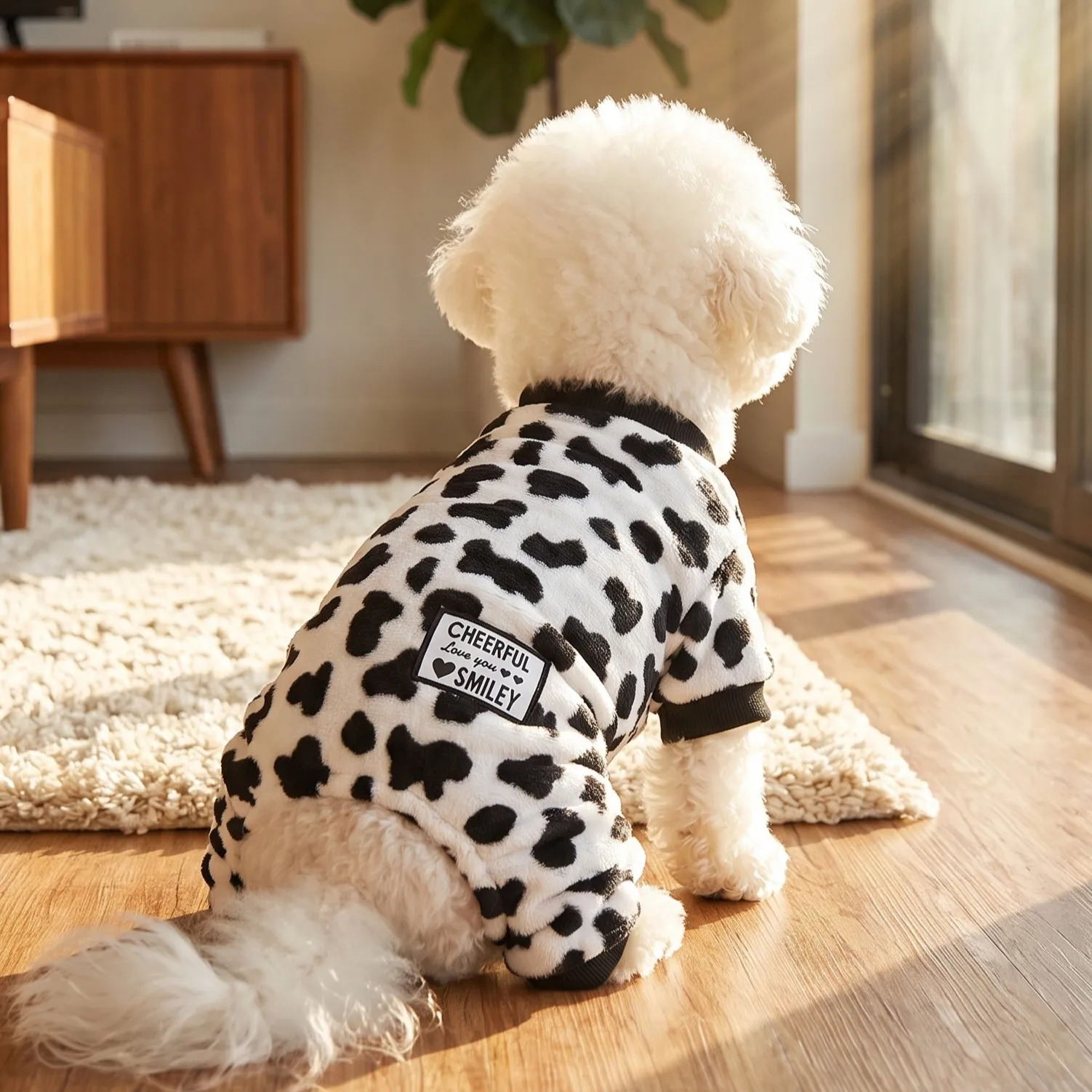 1 Stück Hundebekleidung mit vier Beinen, Hundepyjama mit Kuhmuster, weicher Plüsch-Hundeanzug mit Stoffetikett-Dekoration – Detail 6