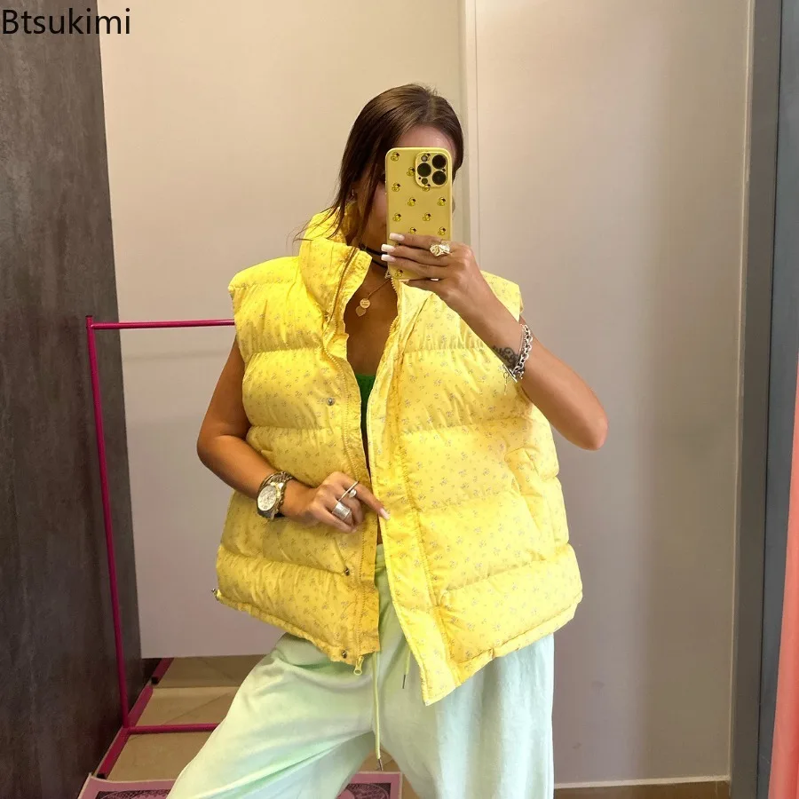 

Fashion Printed Stand Collar Cotton Vest for Women Chic Sleeveless Zipper Loose Waistcoat 2025 New Lady Daily High Street Vests