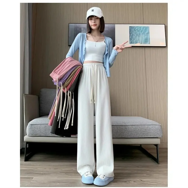 

Новые повседневные прямые спортивные повседневные широкие брюки с эластичной резинкой на талии, однотонные универсальные базовые брюки, женская одежда