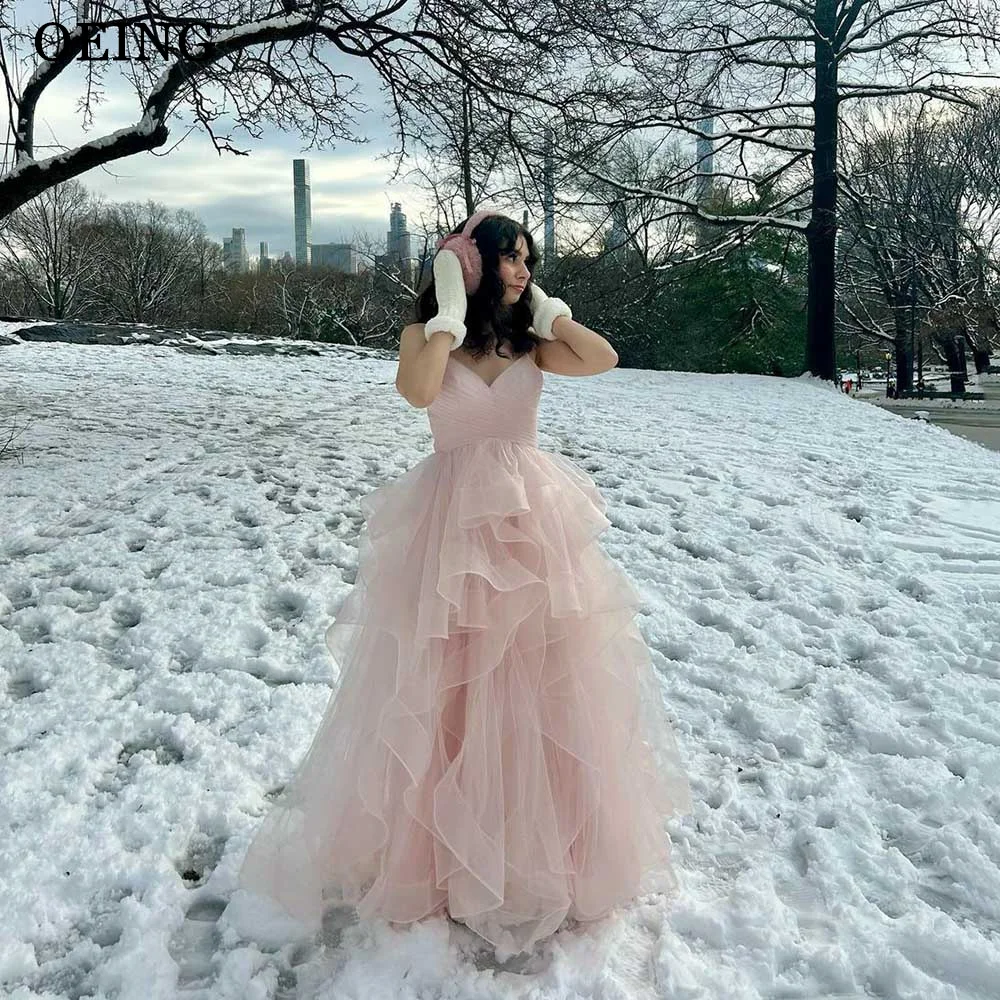 OEING Fairy Baby Pink Tulle A Line Long Evening Dresses Simple Wedding Photo shoot Flowers Ruffles Party Prom Gowns Summer