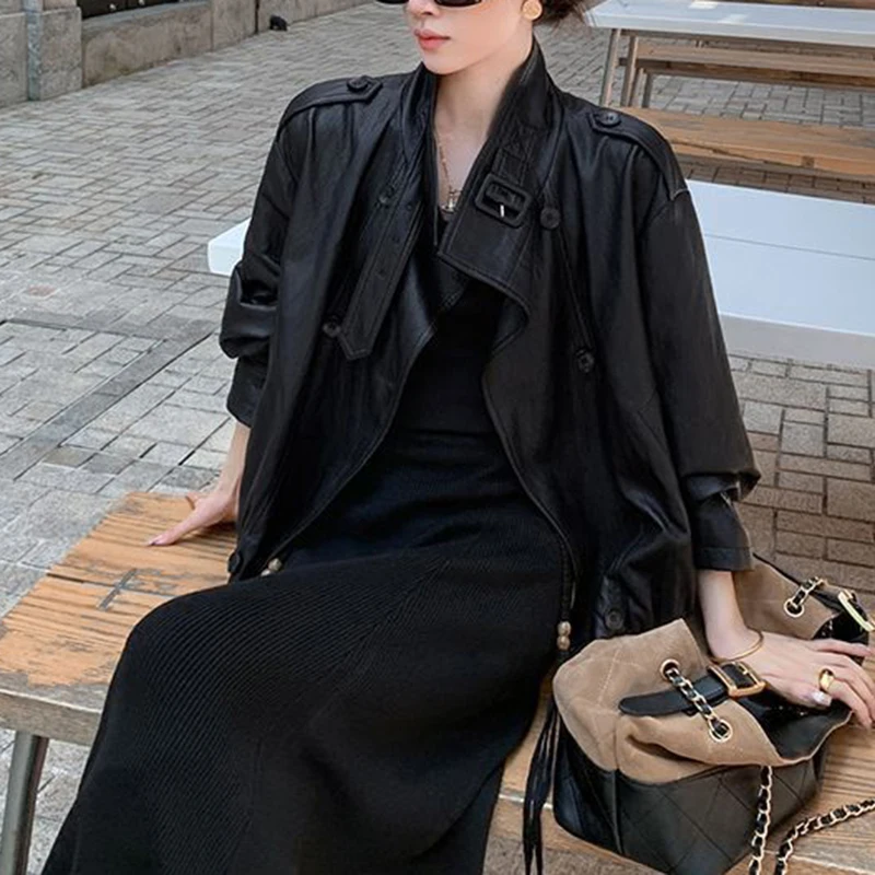 미국 빈티지 PU 가죽 재킷 여성 텍스처드 루즈 캐주얼 크롭 코트 프리미엄 봄 가을 스탠드 칼라 스트리트 아우터웨어
