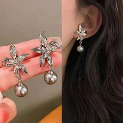 Gray Color Chinese Orchid Earrings Fashionable Orchid Imitation Pearl Earrings Wedding Party Accessories Wholesale