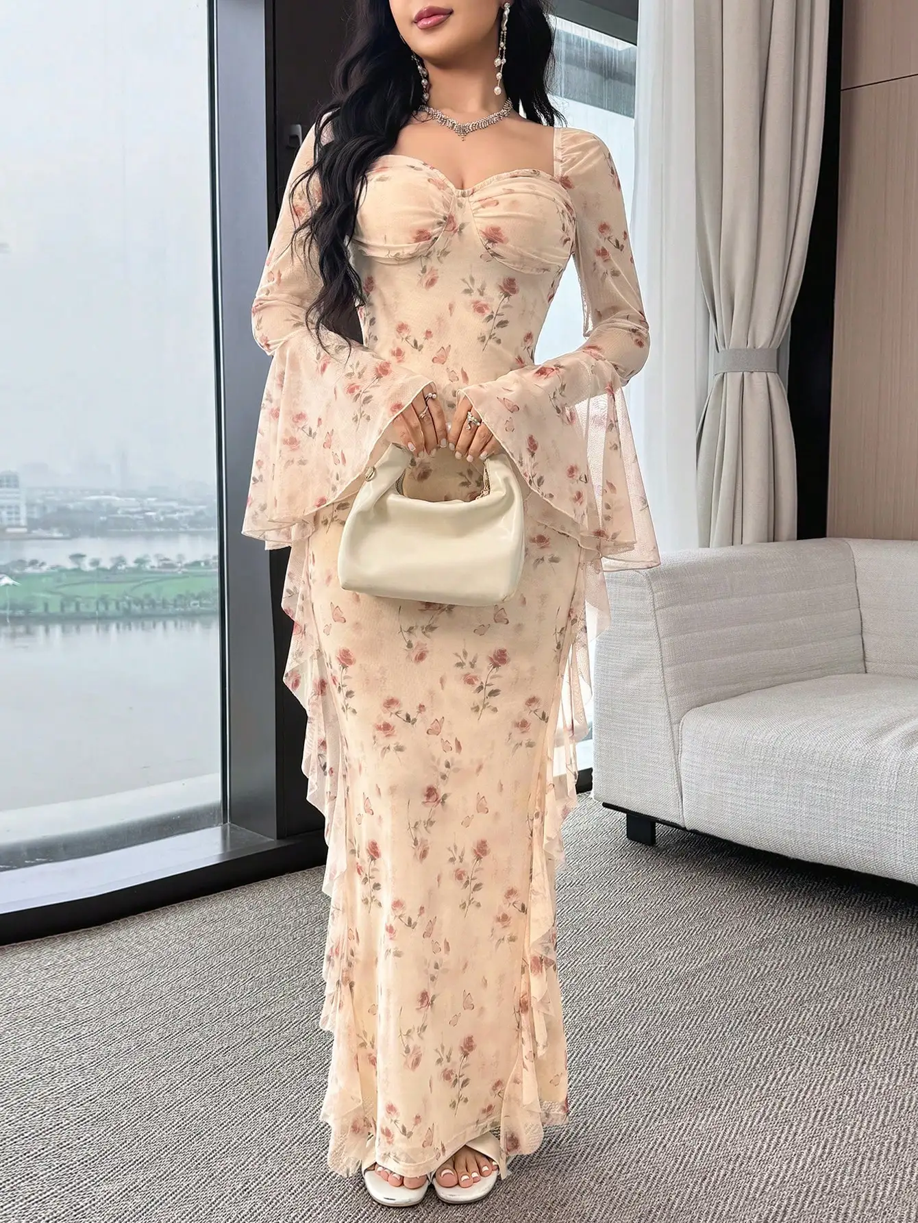 

Women's Floral Print Long Sleeve Ruffle Hem Maxi Dress with Square Neck