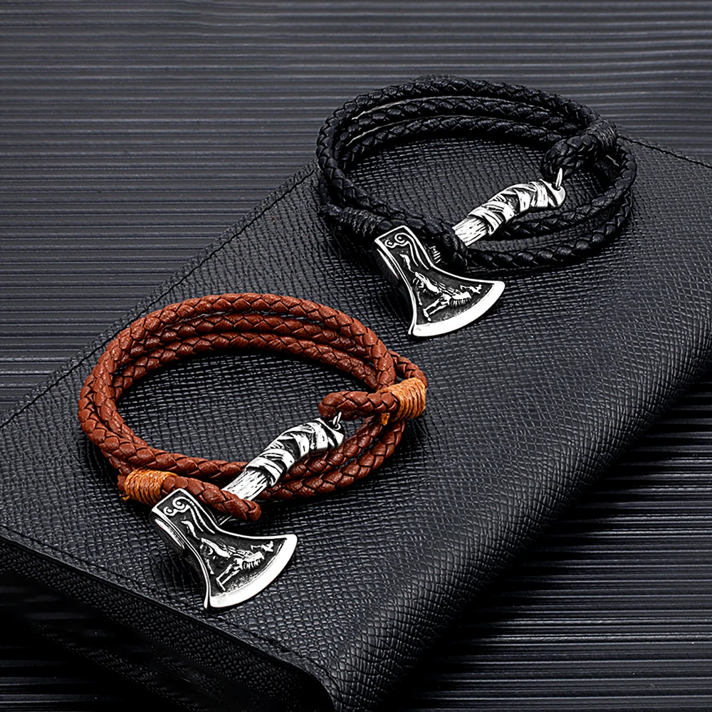 Mens Stainless Steel Vikings Axe Bracelet Leather Wolf Amulet Handmade Bracelet For Men Women Biker Outdoor Fashion Jewelry Gift