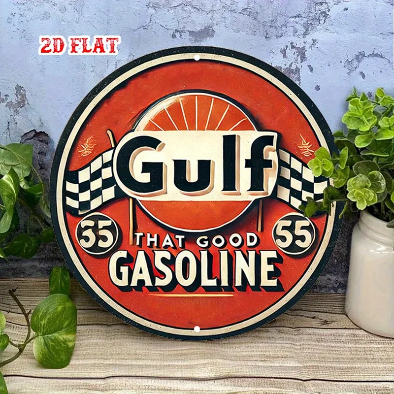 2D شقة، 1PC خمر الخليج 55 البنزين الألومنيوم معدن القصدير تسجيل - 7.87x7.87 بوصة تصميم جولة متقلب العلم، ريفي جدار الفن ل #3