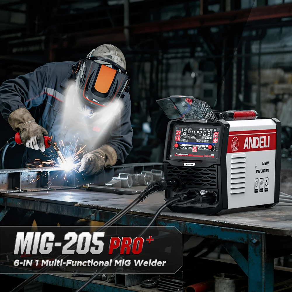 Machine à souder MIG ANDELI 205A 6 en 1, soudeuse MIG TIG Stick Aluminium, gaz et sans gaz, semi-automatique, compatible avec le pistolet à bobine, pour la soudure à domicile
