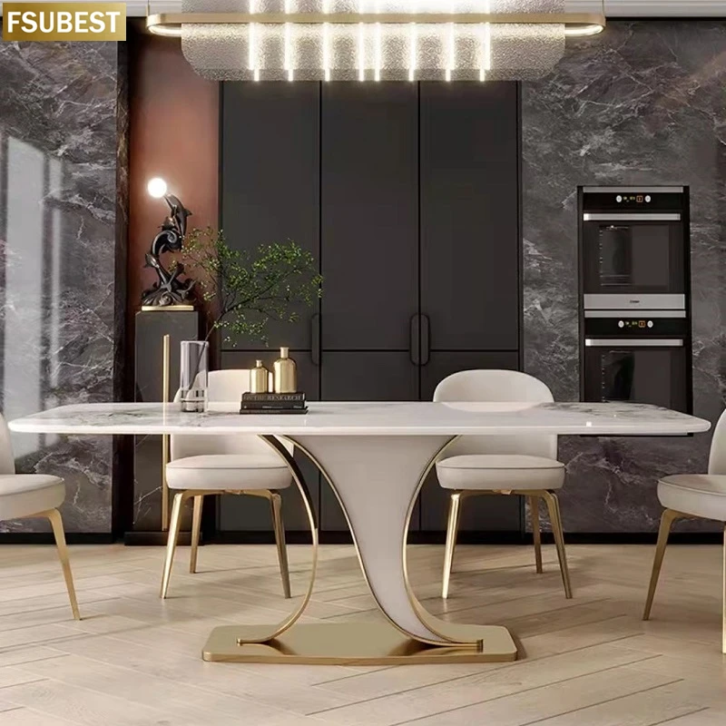 FSUBEST Free Shipping Luxury White Rock Slab Dining Table And Chairs Set Stainless Steel Golden Frame Tables Mesa Com 4 Cadeiras